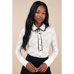 Lulus Coquette Poise Ivory Sheer Lace Ribbon Long Sleeve Button-up Top White